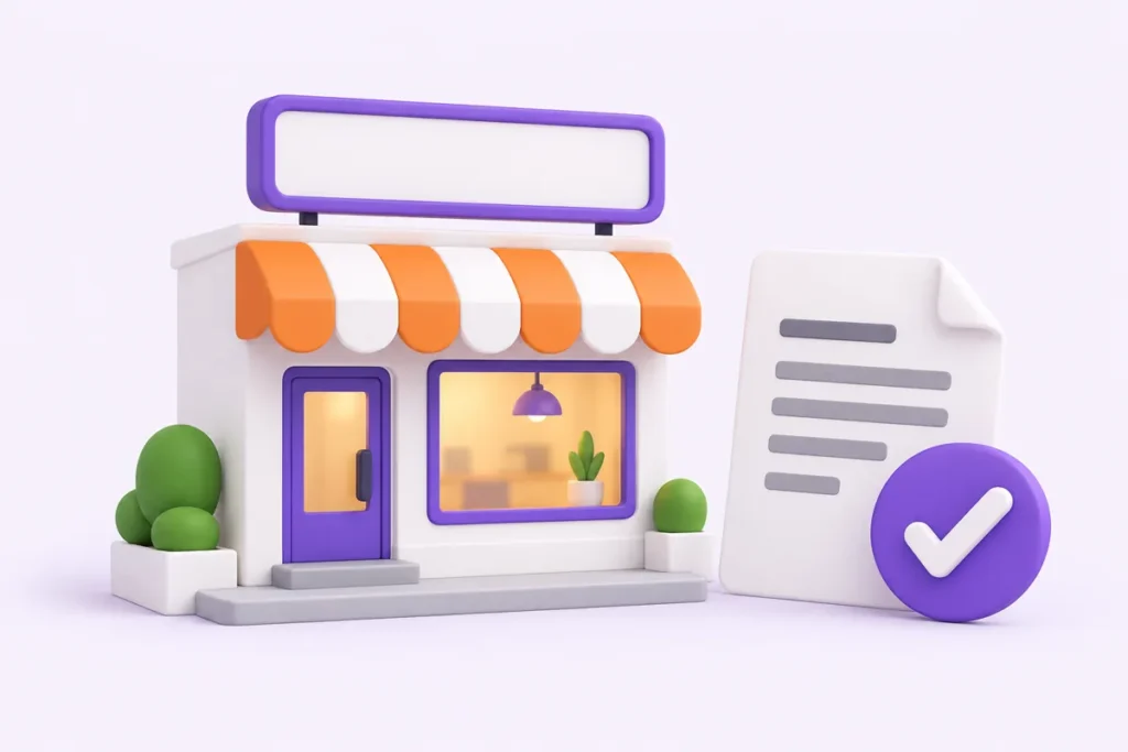3D-иллюстрация фасада магазина, документа и знака проверки